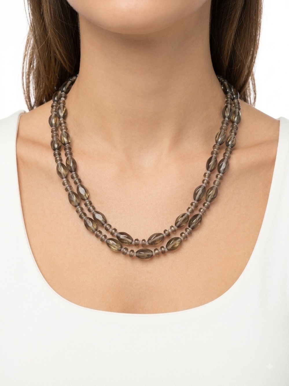 Genuine Smoky Quartz Brown Double-Strand Beaded Necklace Double Knotted